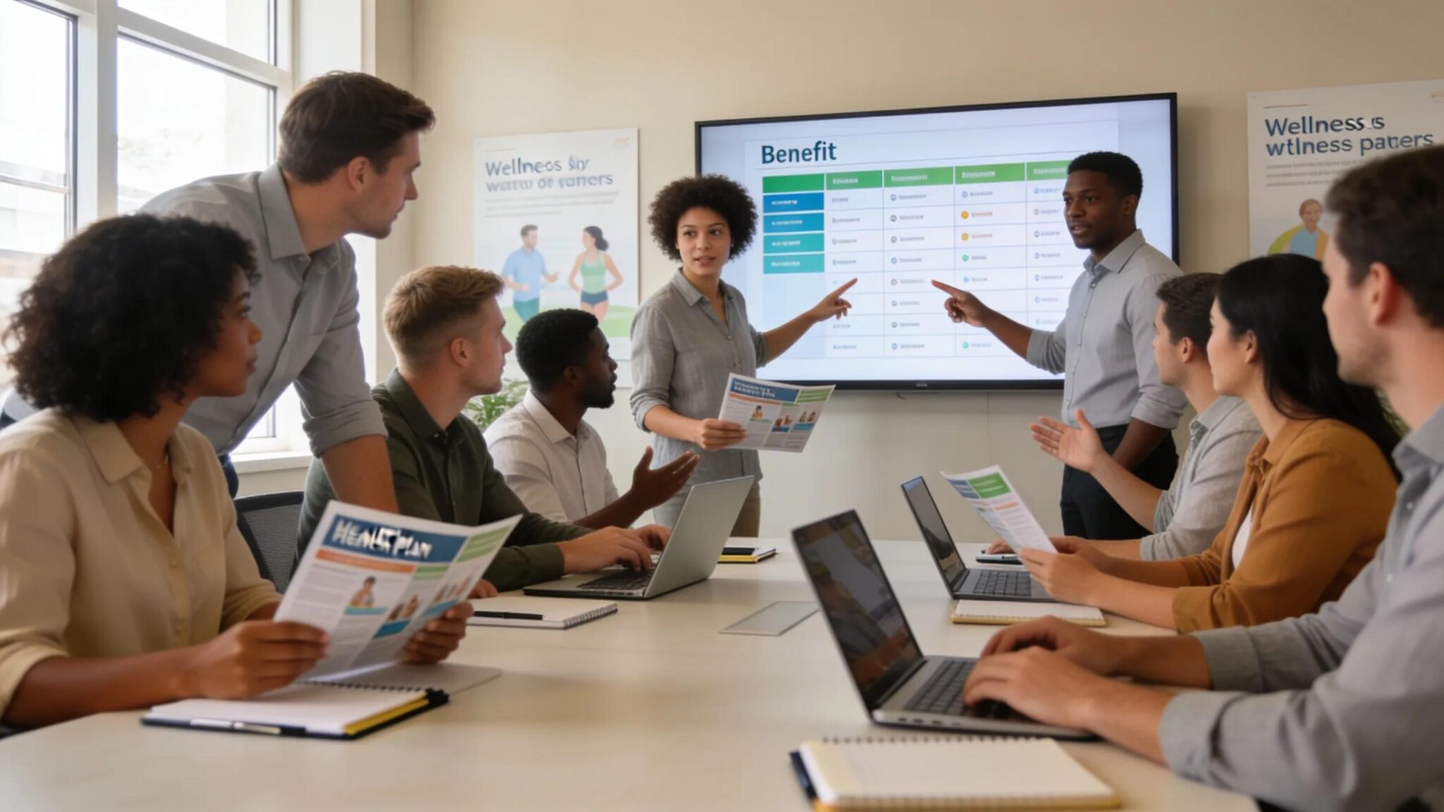 Group of employees discussing health benefits options in a modern office