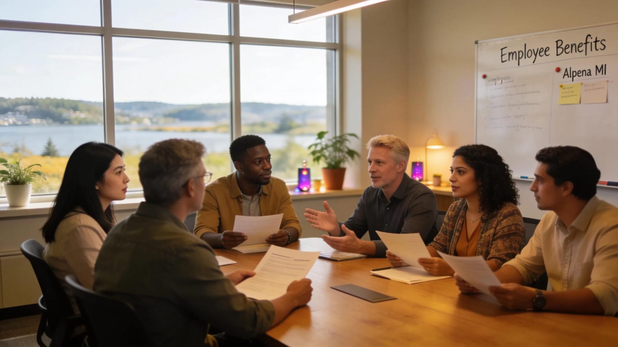 Diverse team in Alpena discussing employee benefits solutions in a modern office environment
