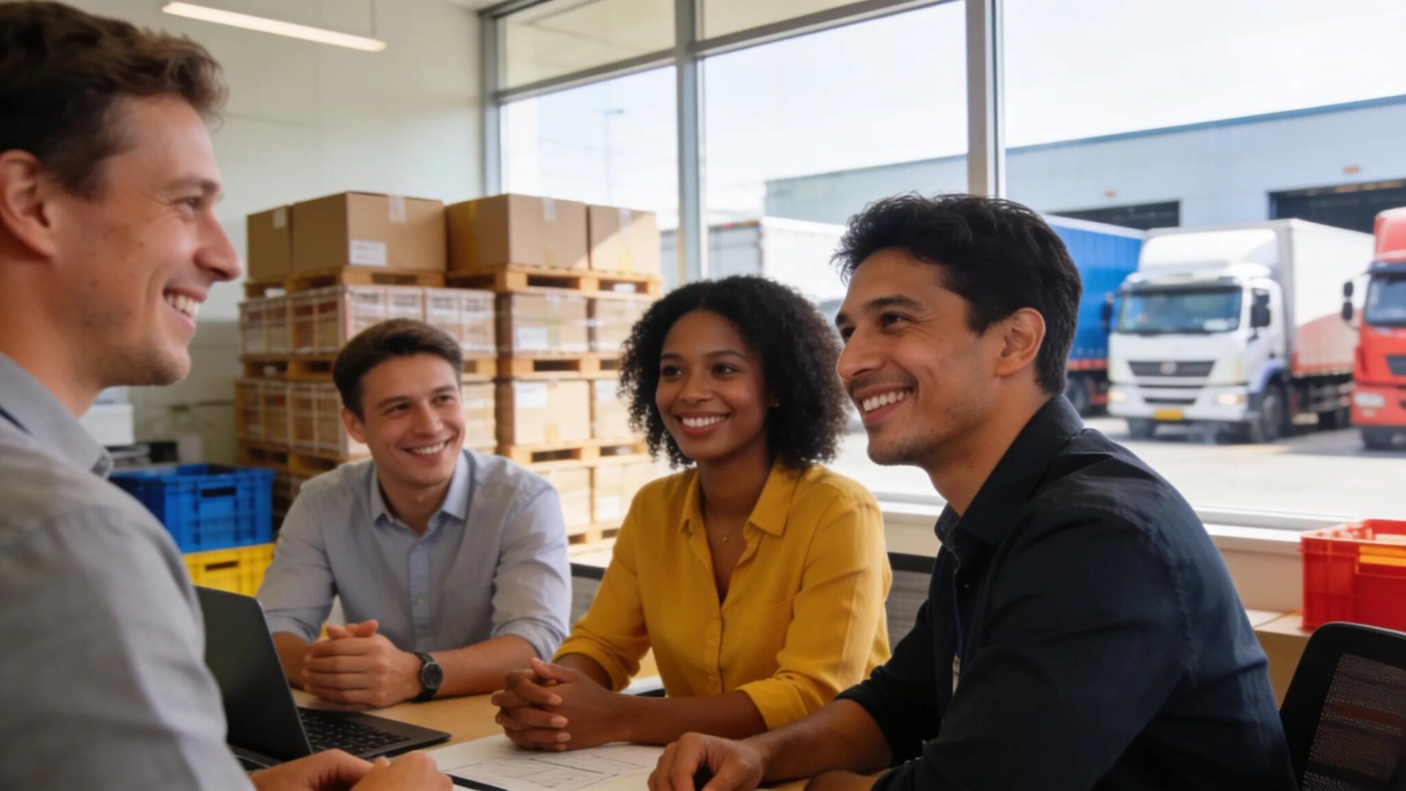 Diverse employees collaborating in a logistics office, emphasizing teamwork and health insurance solutions
