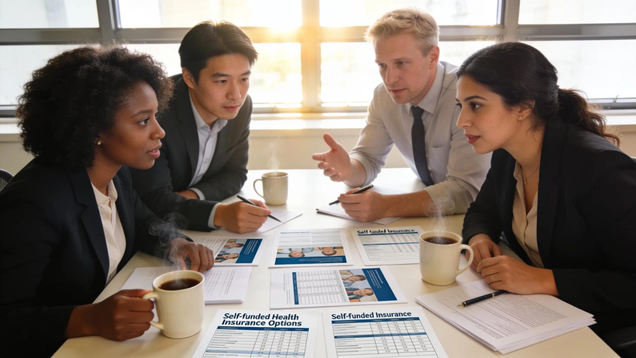 Employees collaborating in a meeting about self-funded health insurance options in a small business setting