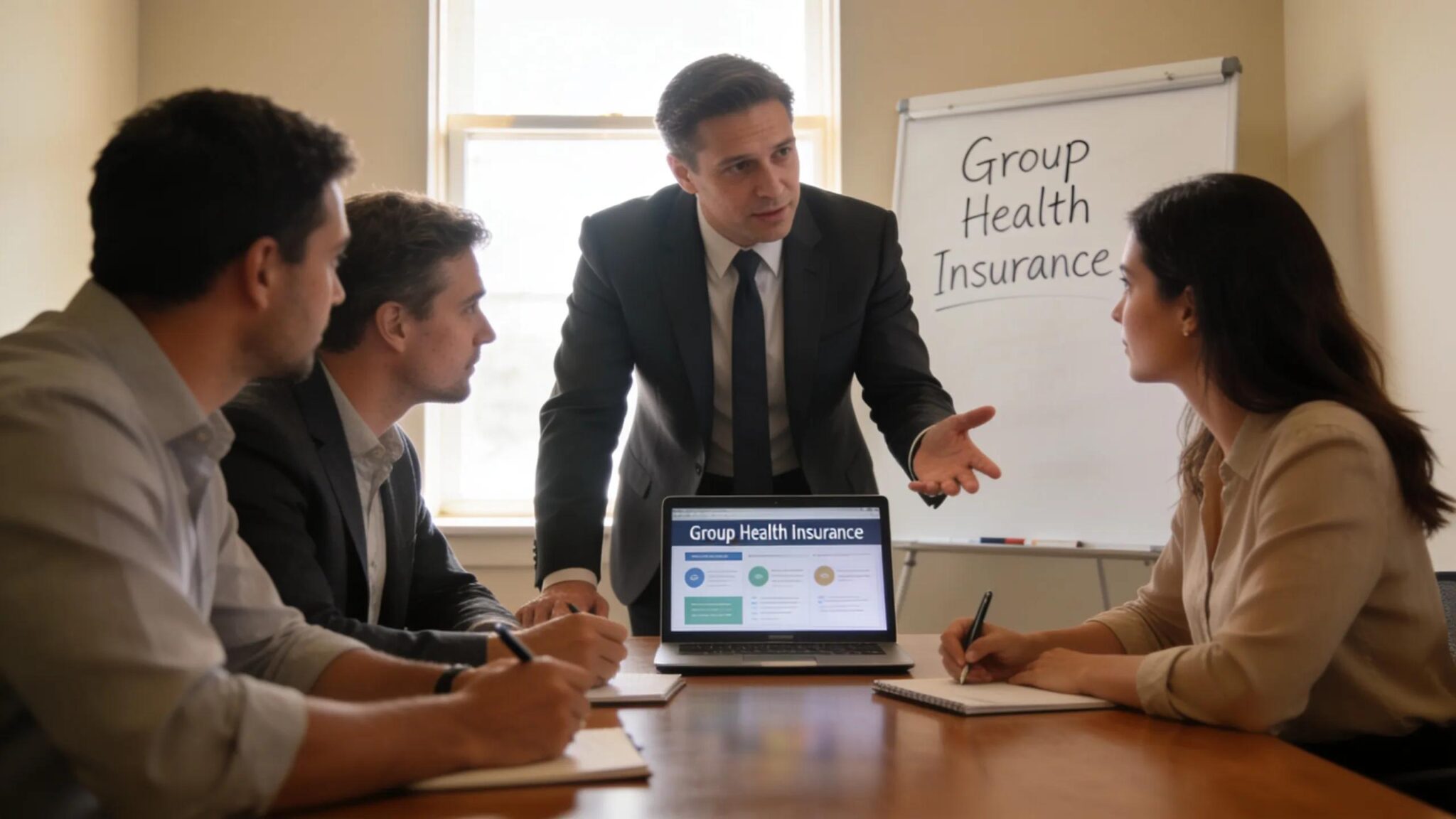 Consultant presenting group health insurance options to small business owners in Saline