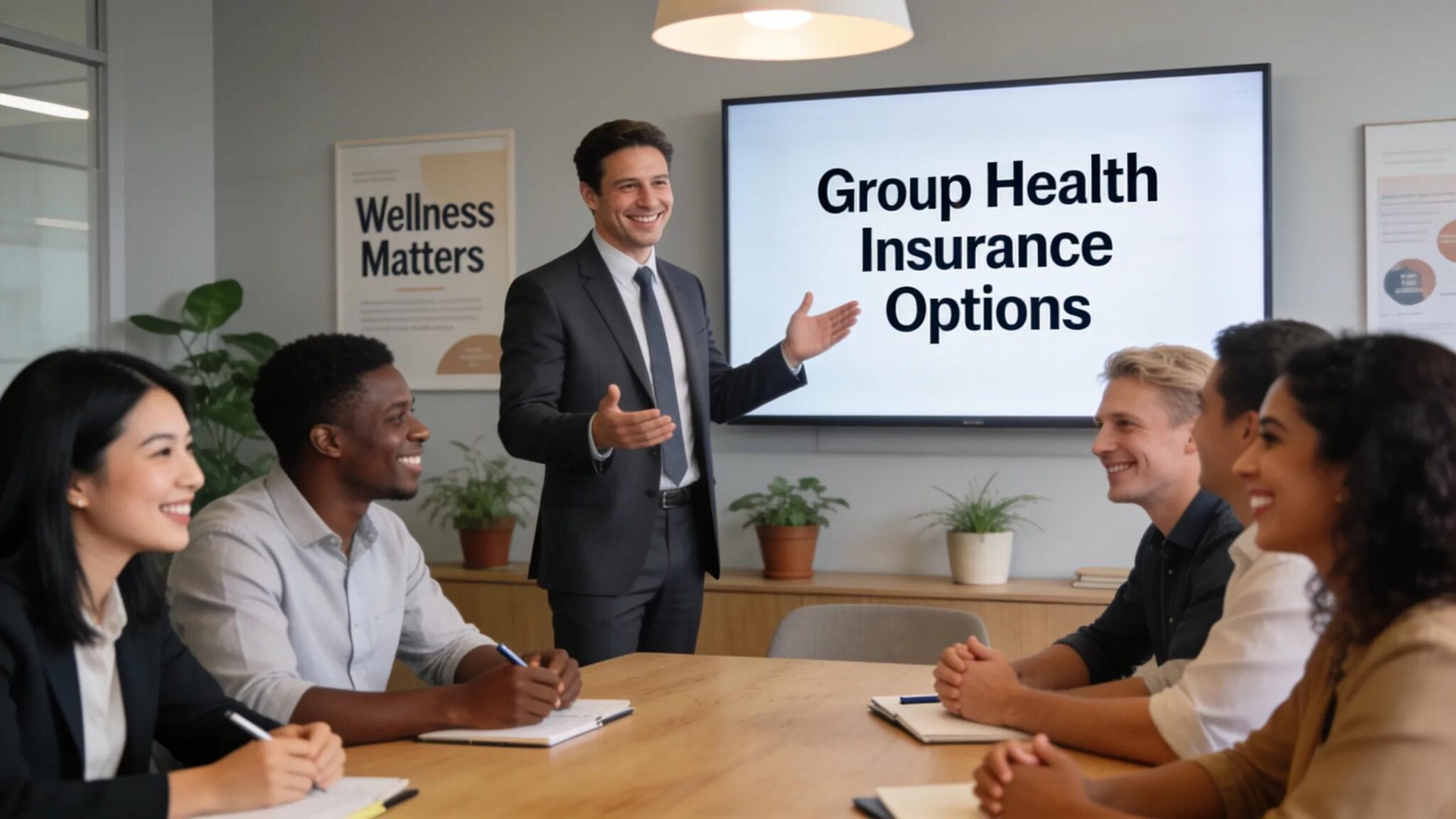Employer discussing group health insurance options with diverse employees in a collaborative office environment