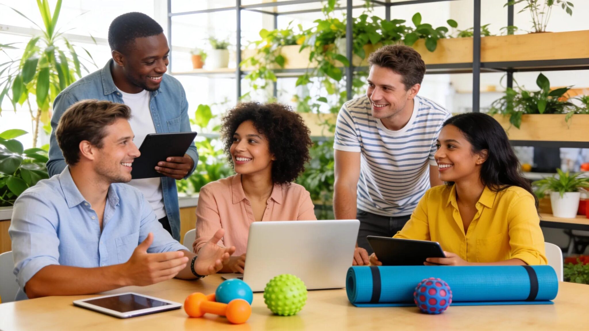 Diverse employees collaborating in a vibrant office, showcasing modern workplace benefits