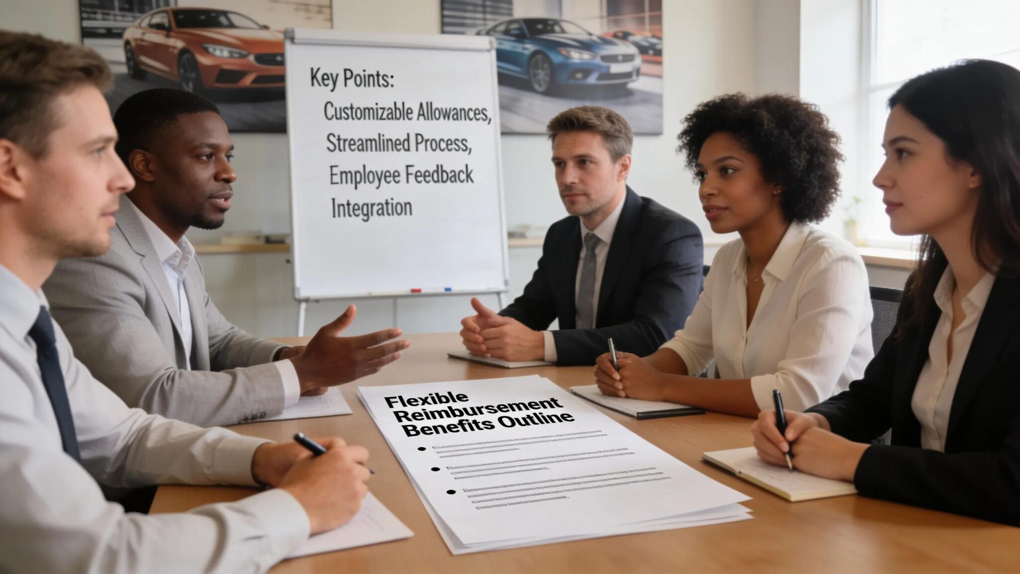 Automotive managers discussing flexible reimbursement solutions in a collaborative meeting space