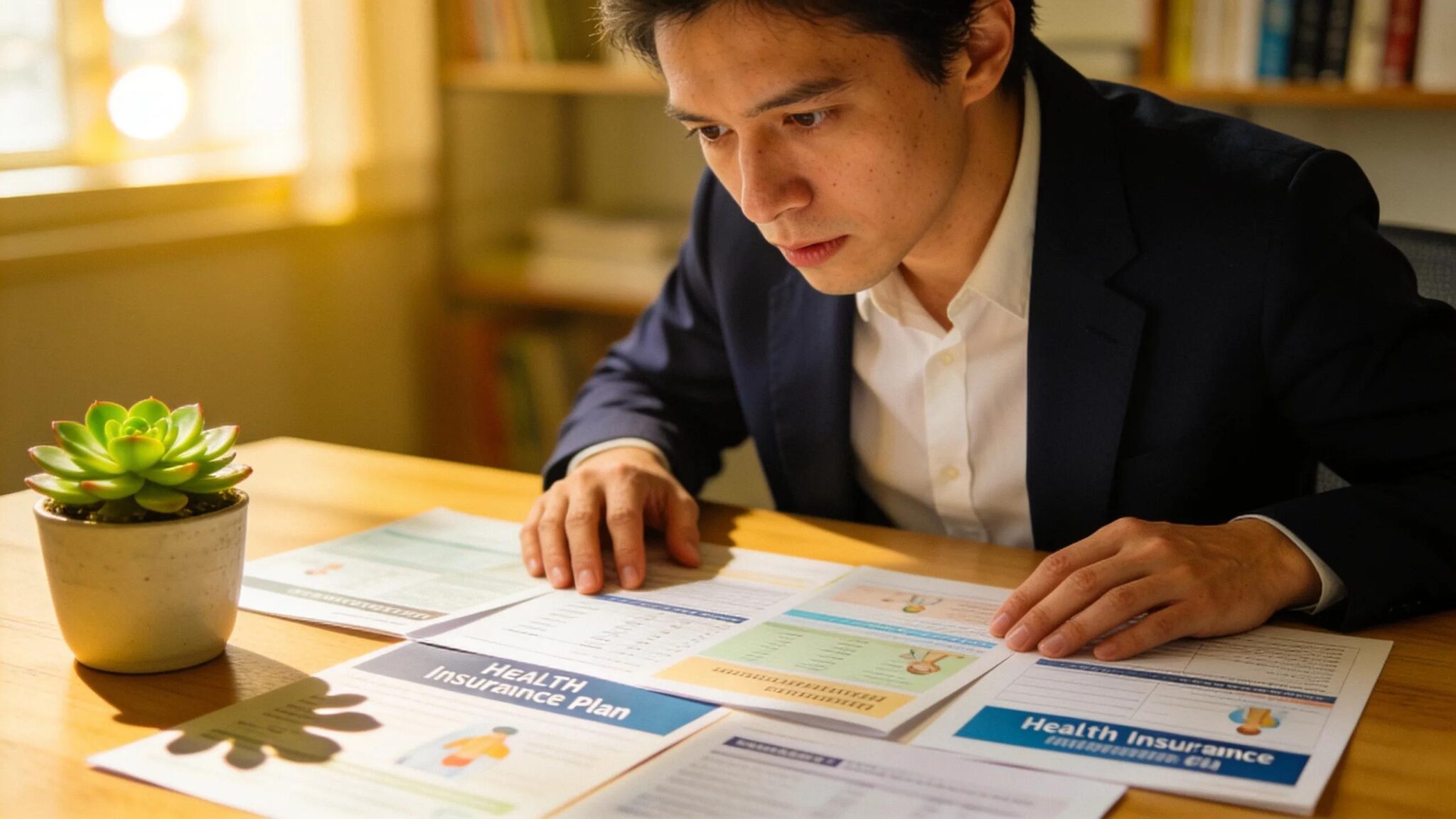 Business owner evaluating health insurance plan brochures for group health optimization