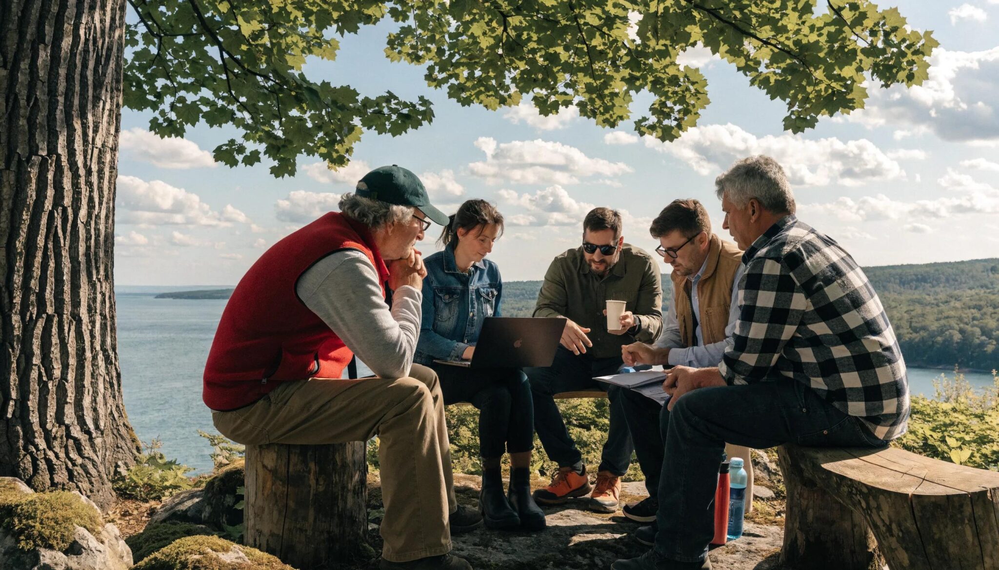Team discussing employee wellness solutions in a scenic forestry setting in Wexford County, MI
