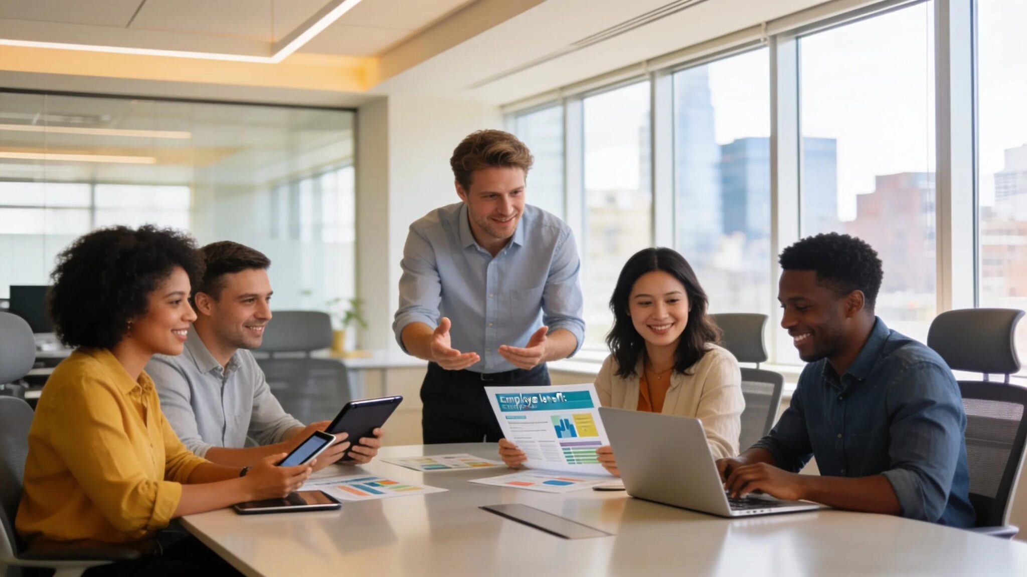 Employees discussing strategic employee benefits consulting in a collaborative office environment