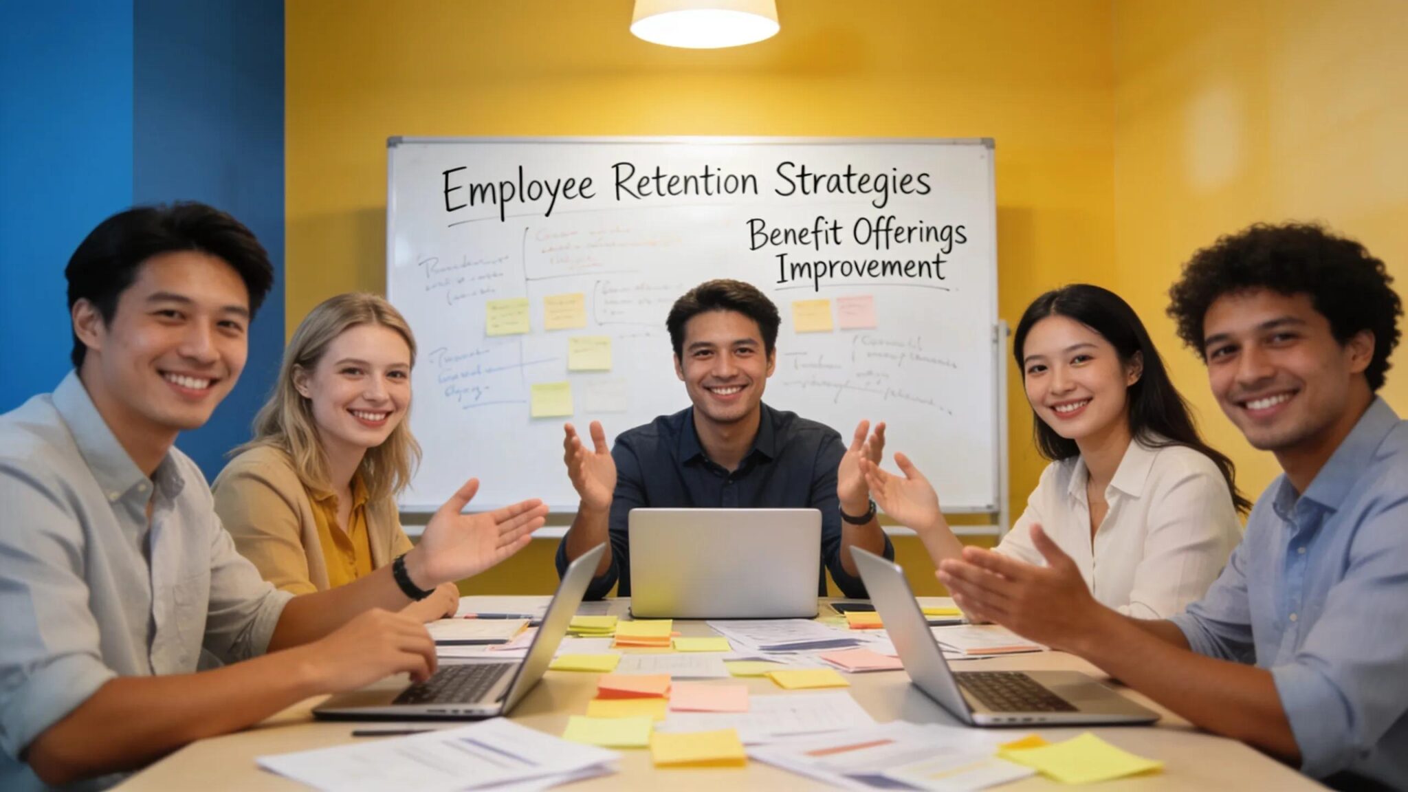 Team brainstorming employee retention strategies with collaborative energy in an office setting