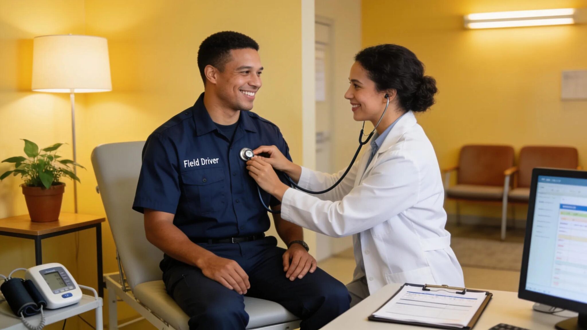 Fleet driver engaging in a wellness check with a healthcare professional, highlighting employee health benefits