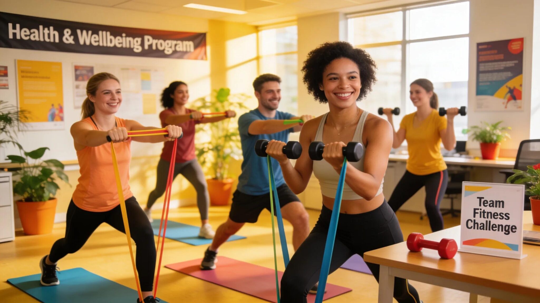 Employees engaging in wellness activities as part of ancillary benefits in a positive workplace environment