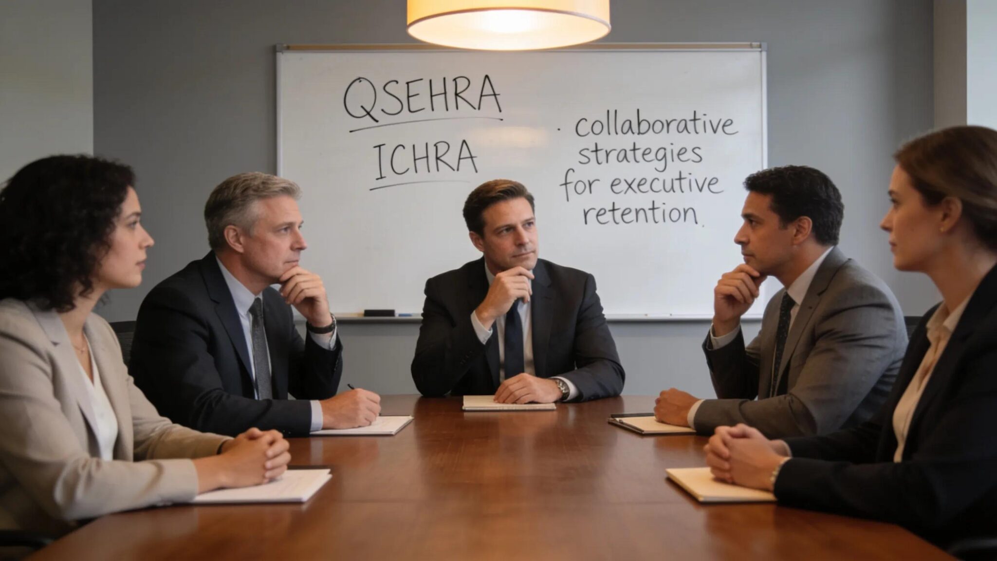 Executives discussing QSEHRA and ICHRA strategies in a professional healthcare firm meeting
