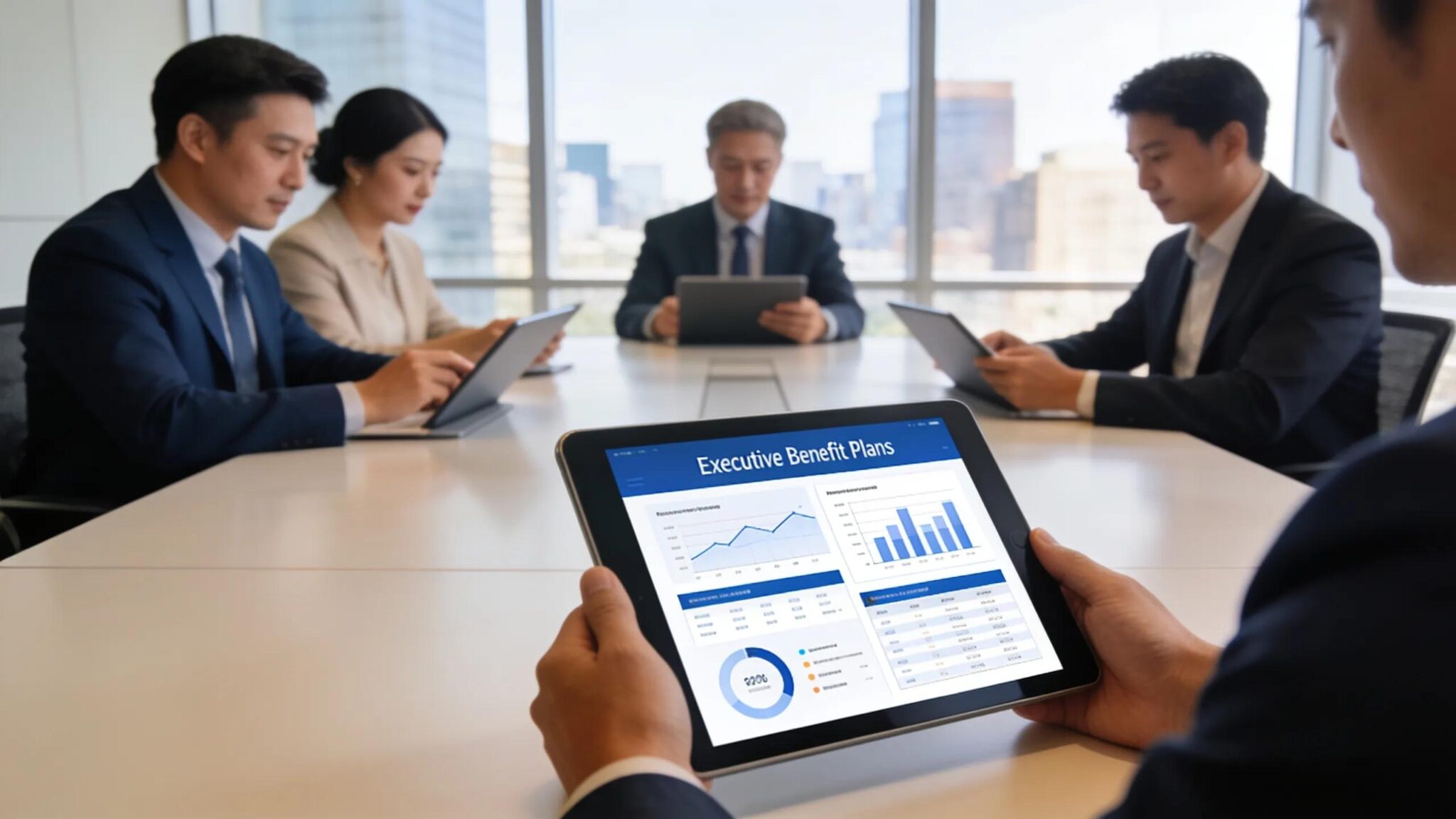Executives discussing customized compensation strategies in a corporate meeting room
