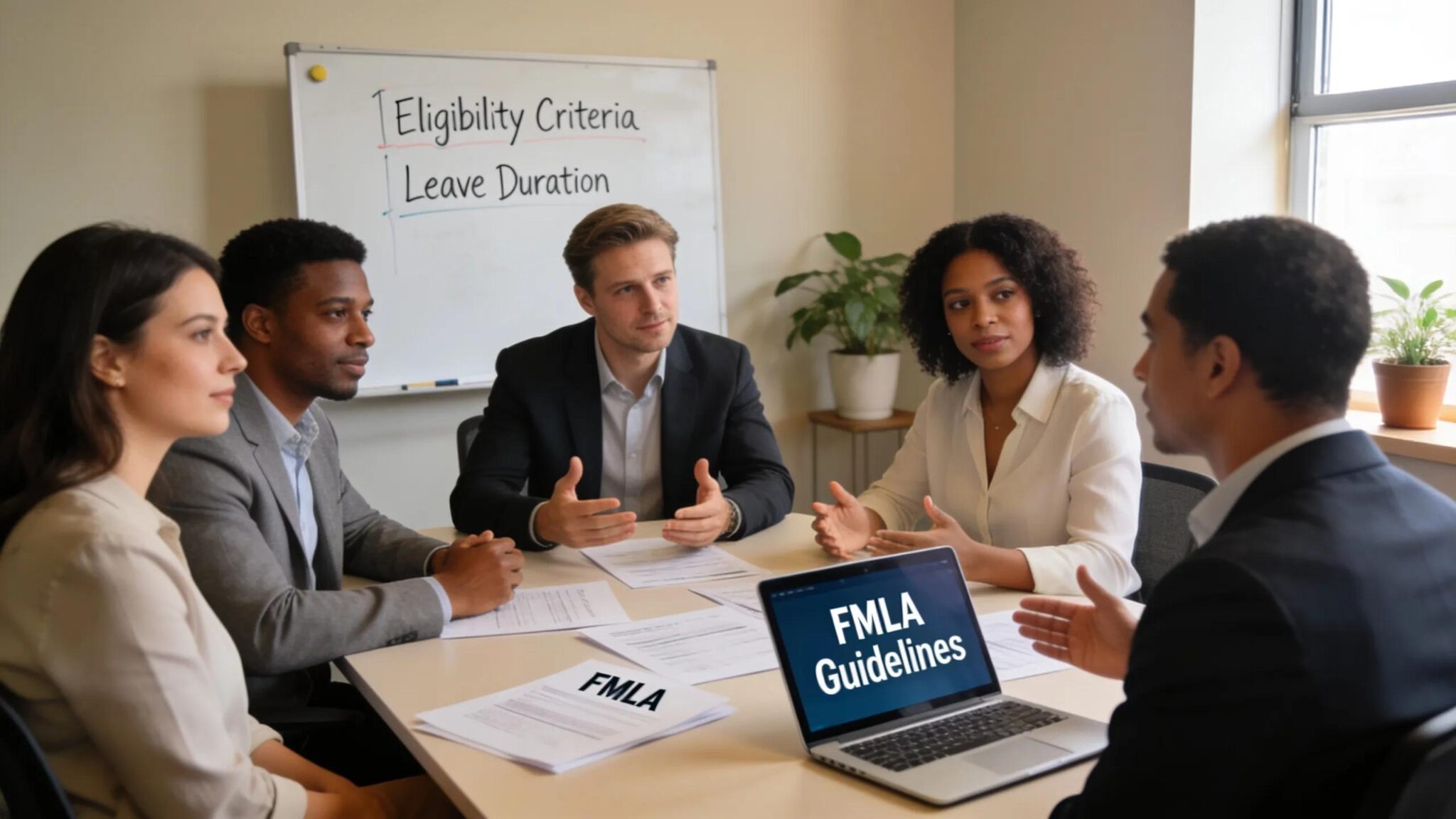 HR managers discussing FMLA rules for employers in a modern office setting