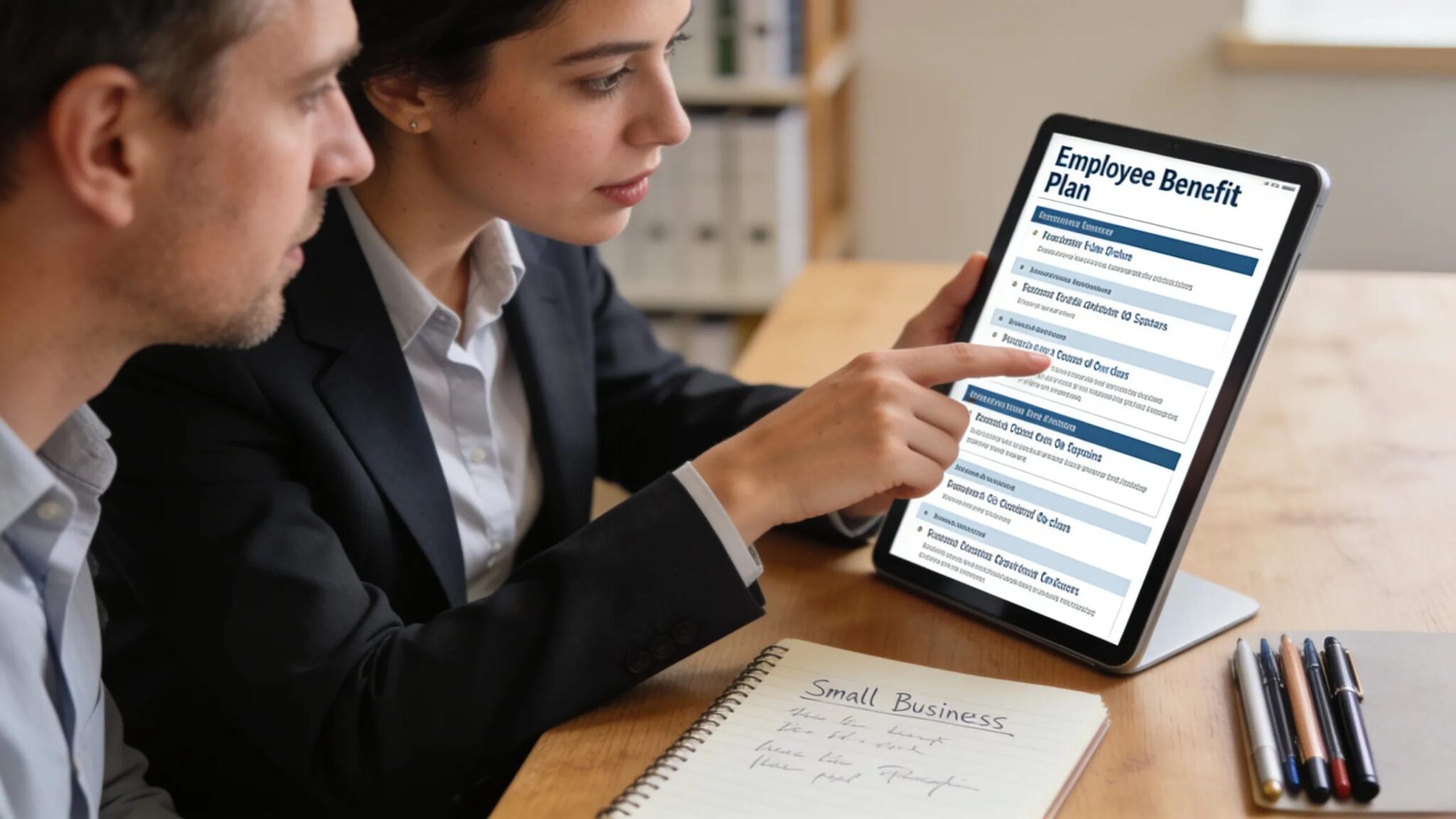 A consultant showcasing customized employee benefit plans on a tablet to a small business owner in an office