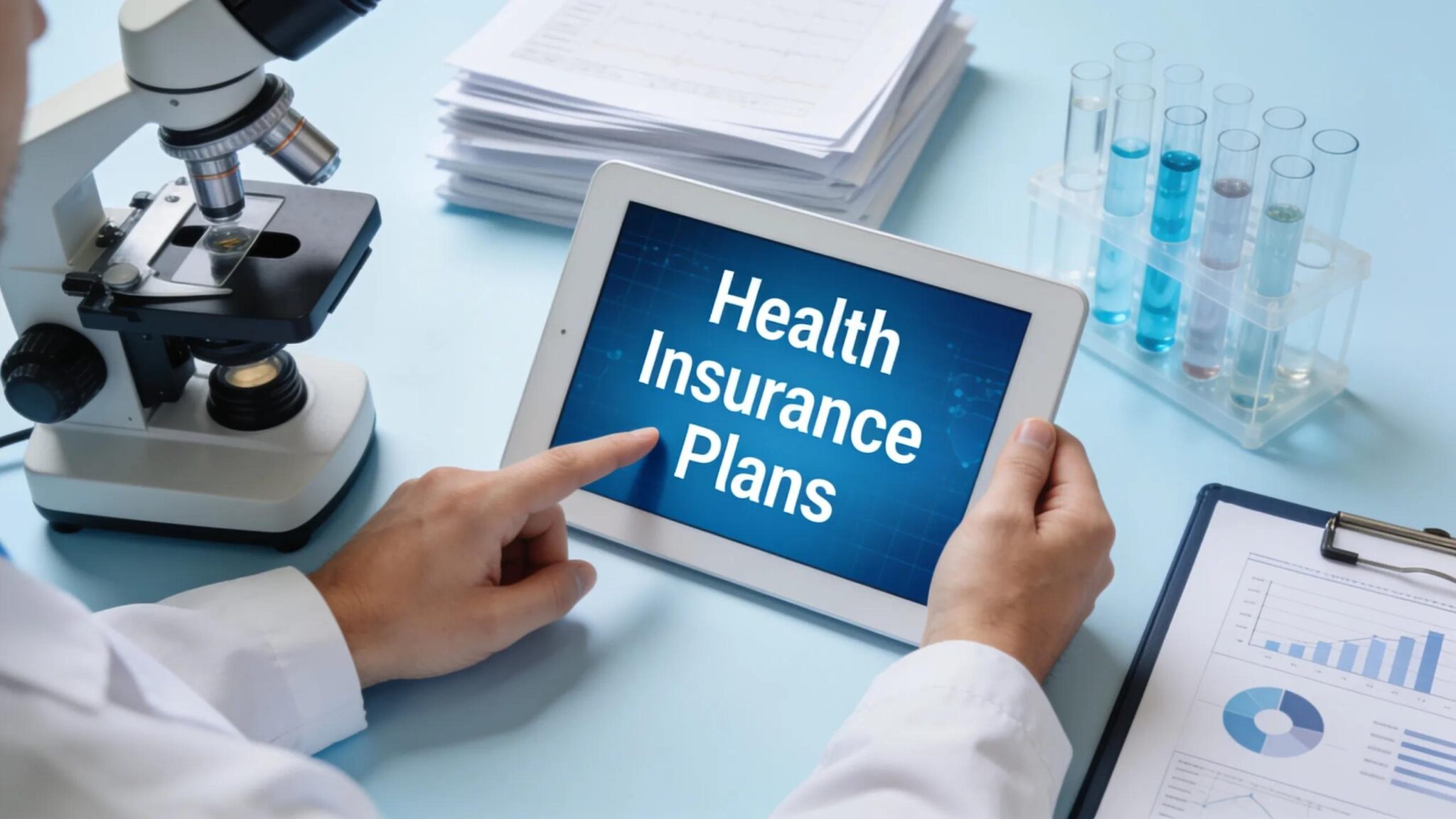 Healthcare professional reviewing health insurance options with a digital tablet in a lab
