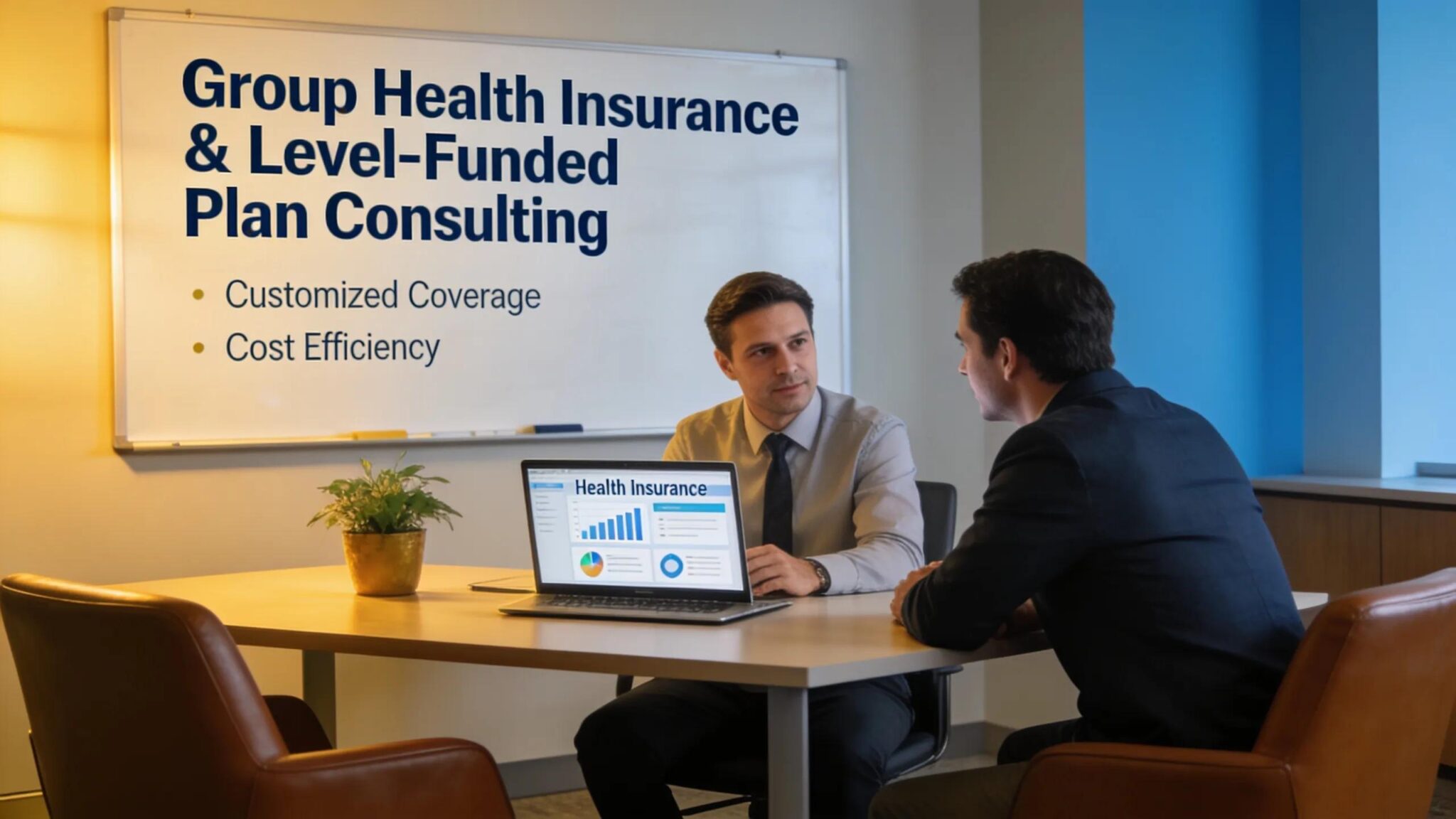 Employer consulting with insurance specialist in a professional office, emphasizing group health insurance discussions