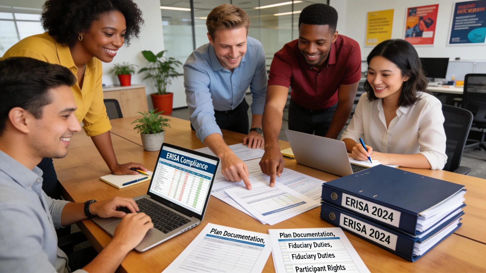 Employers in a meeting reviewing ERISA compliance checklist for Michigan businesses