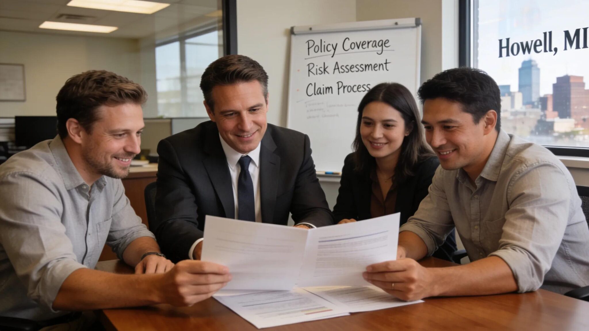 Insurance broker discussing level-funded health plans with small manufacturing leaders in an office