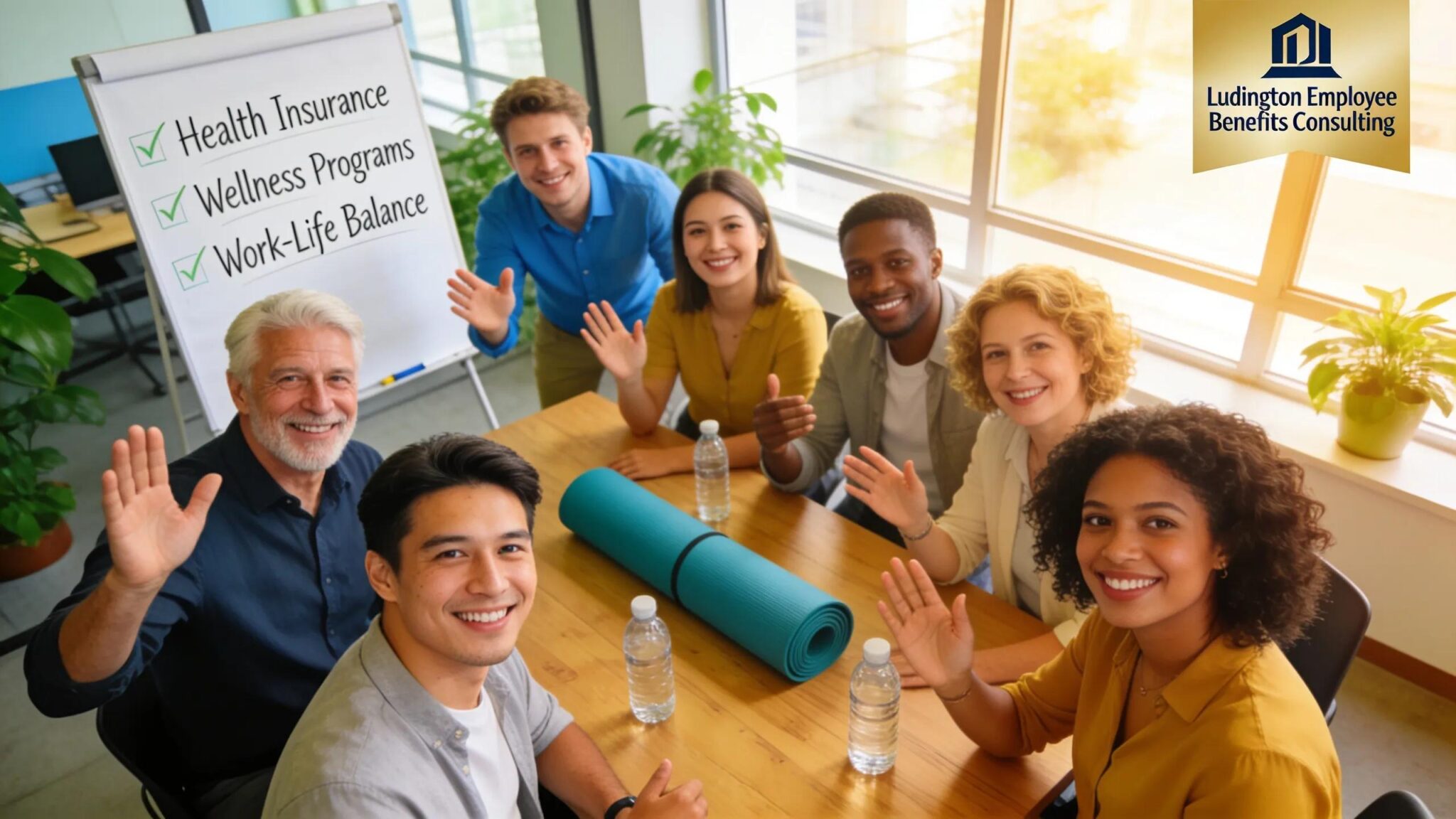 Diverse group of employees discussing health benefits in a workplace setting, representing employee benefits consulting in Ludington, MI