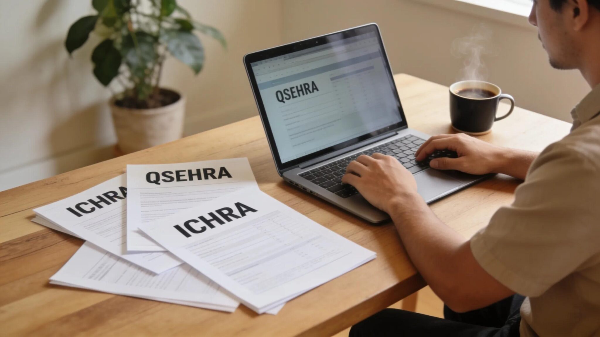 Small business owner reviewing employee benefits options on a laptop, emphasizing QSEHRA and ICHRA integration
