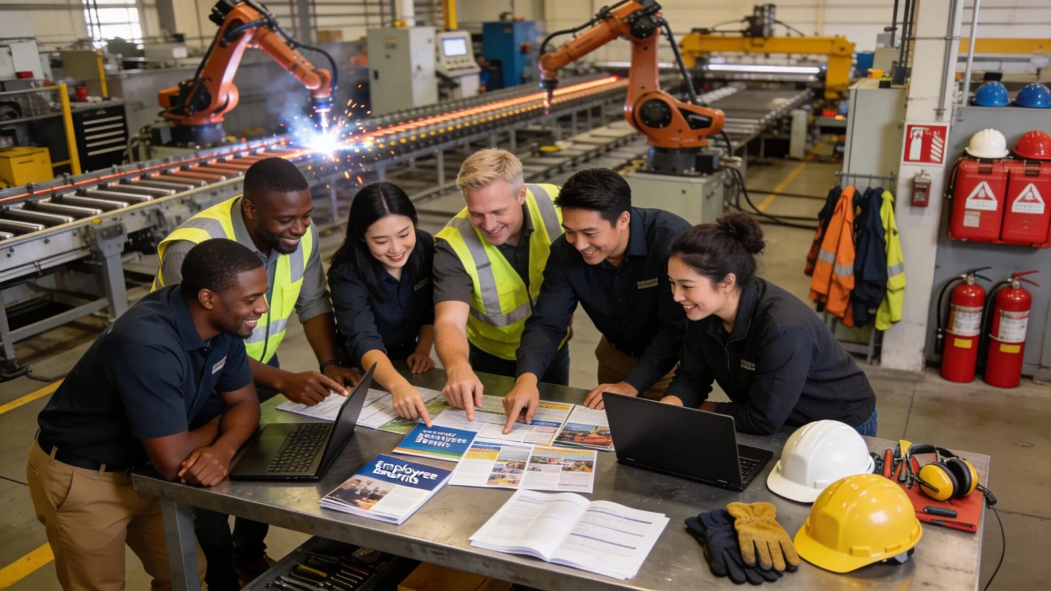 Diverse employees in a heavy industry setting discussing employee benefits in Monroe, MI