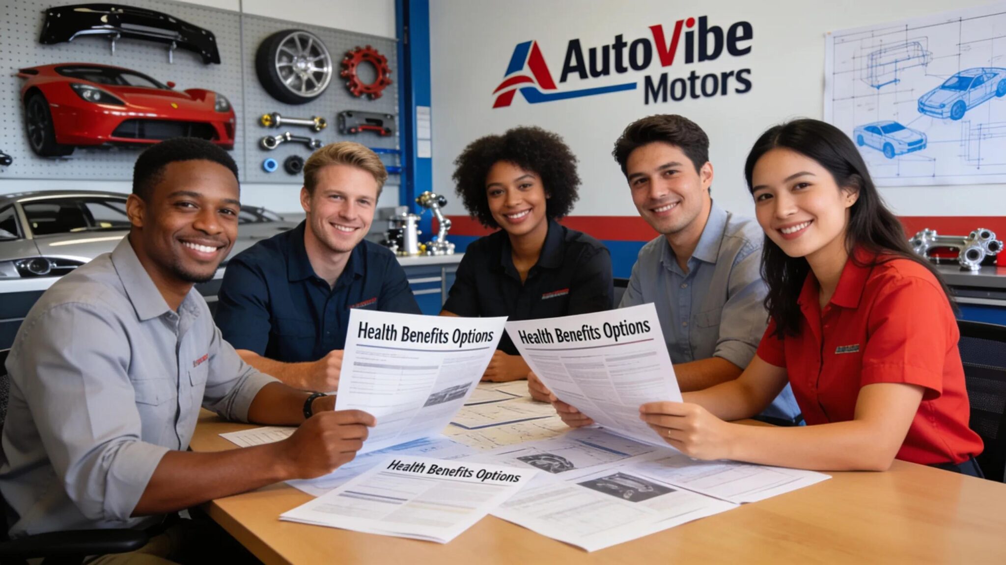 Diverse automotive employees discussing employee benefits solutions in a modern office setting