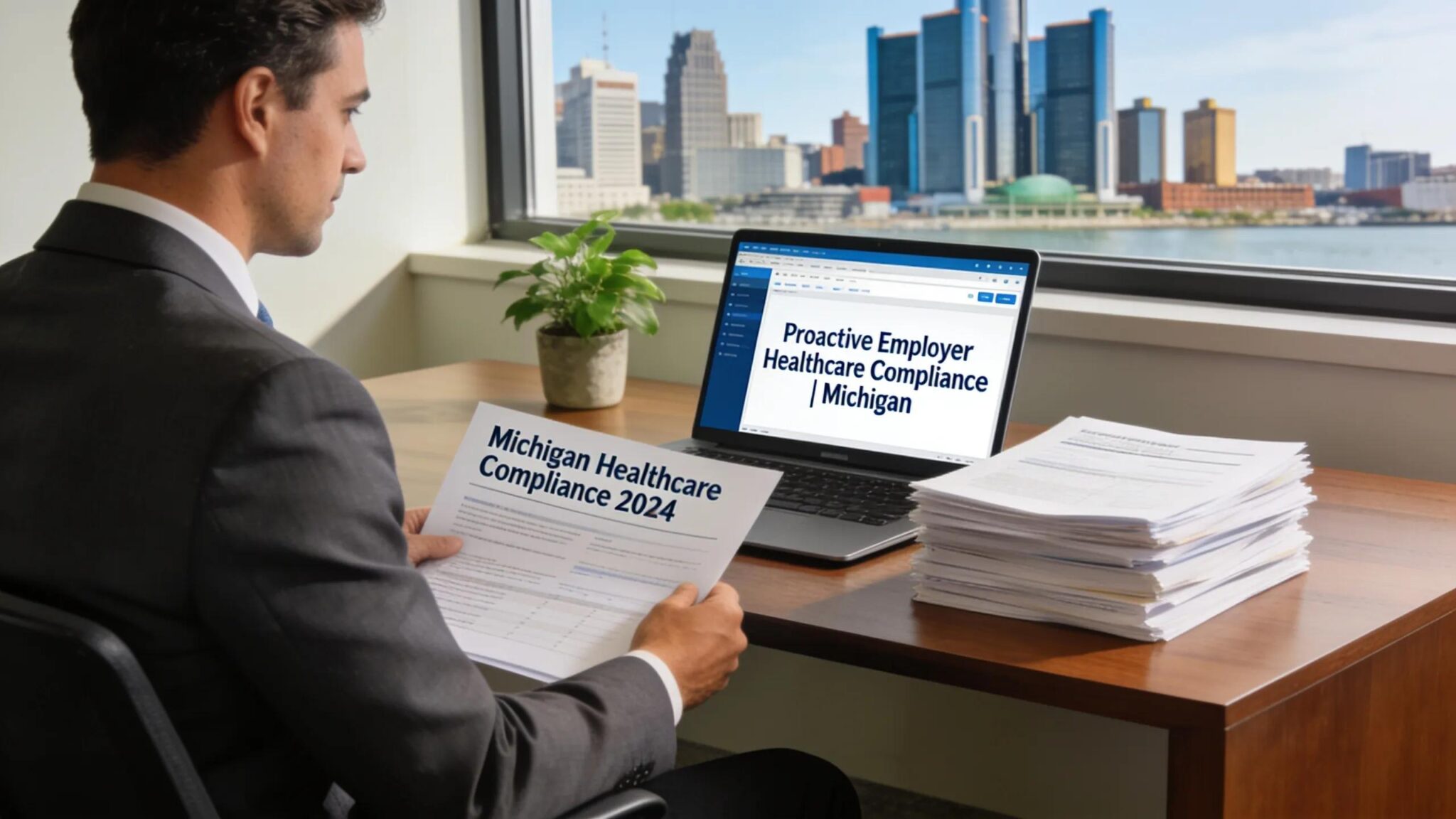 Michigan employer reviewing healthcare compliance documents and laptop screen displaying ACA mandates.