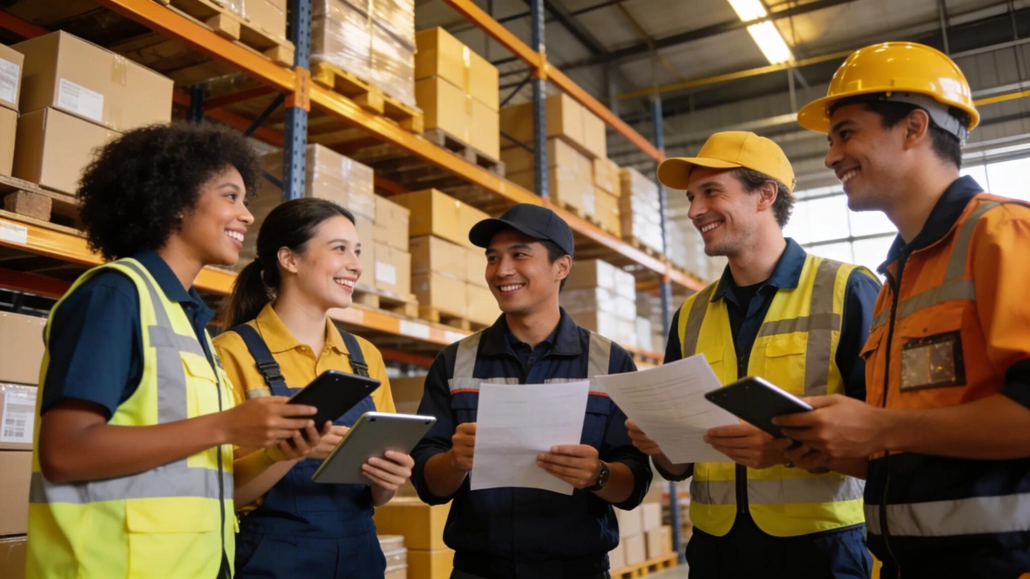 Diverse logistics employees engaging in teamwork within a warehouse environment, representing employee benefits in Canton MI