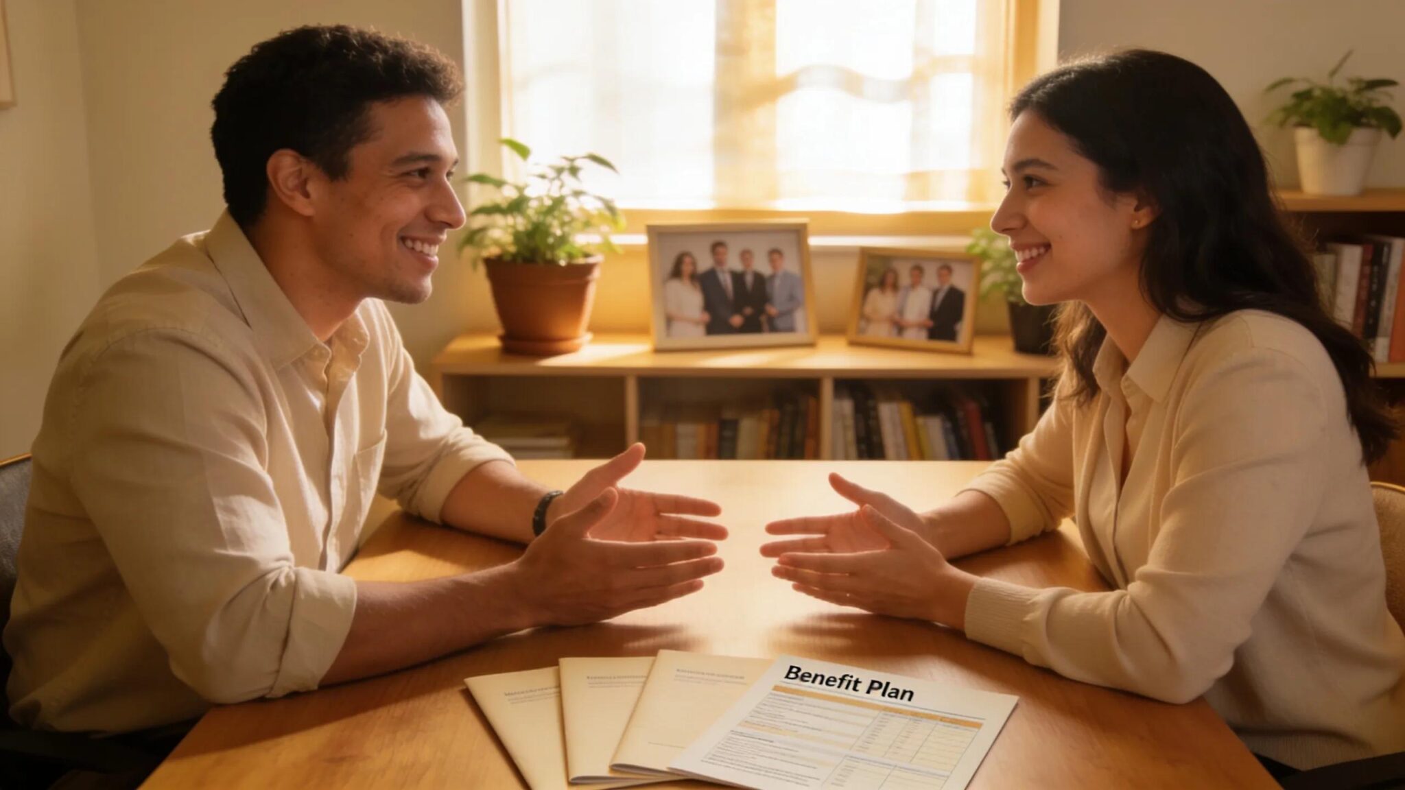 Advisor discussing customized supplemental benefits with an employee in a supportive office atmosphere