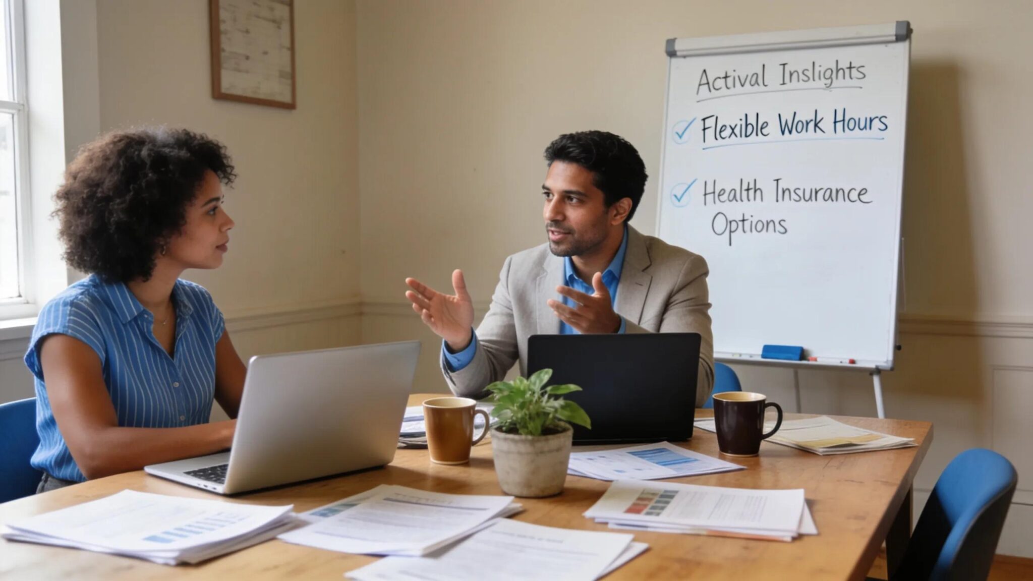 Consultant assisting small business owner in selecting employee benefits with visual aids in a collaborative meeting environment