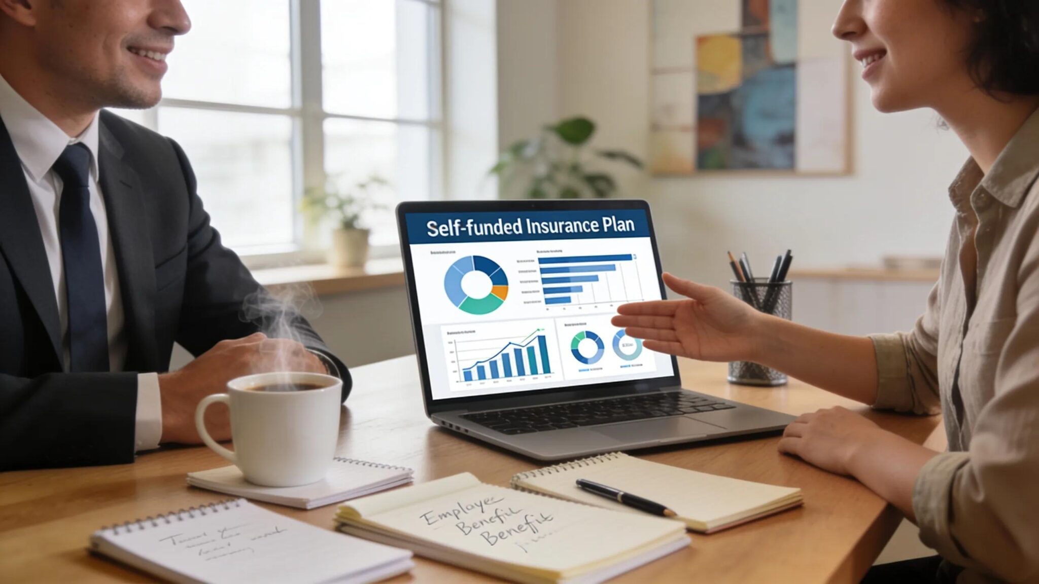 Employer consulting with benefits expert about self-funded employee plans in Monroe, MI
