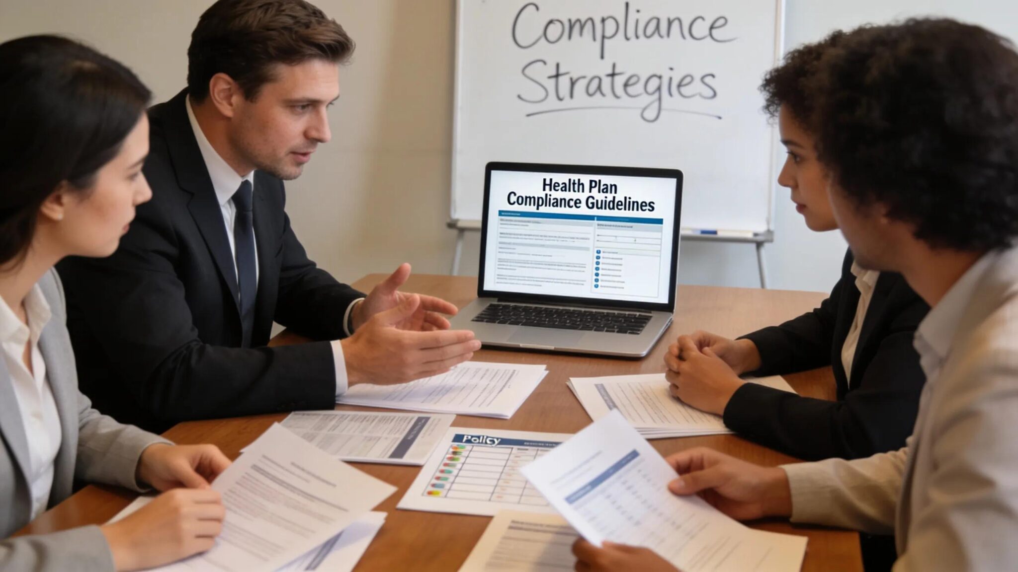 HR executives in a meeting discussing compliance documents for health plans, emphasizing regulatory updates