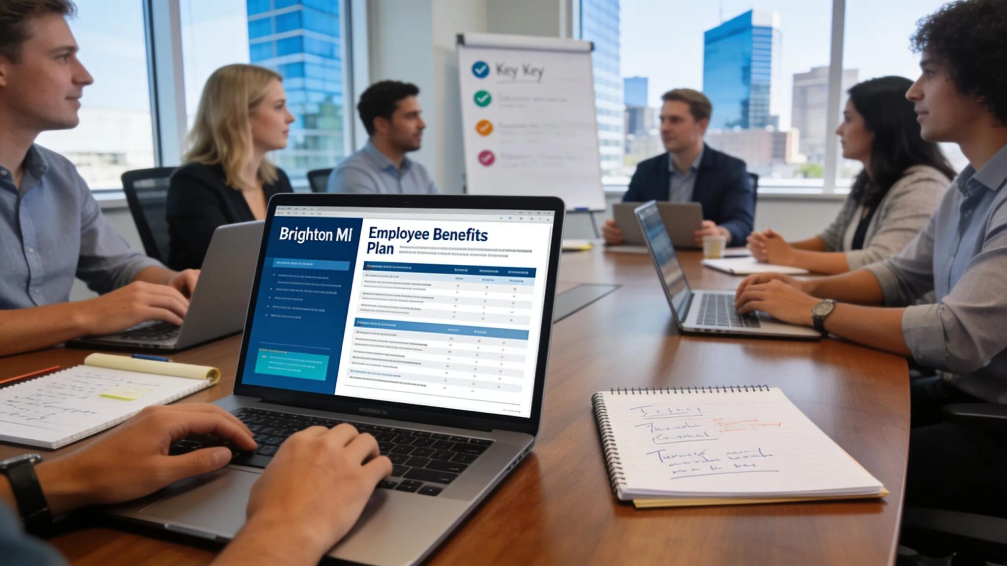 Team meeting in a tech office discussing employee benefits plans