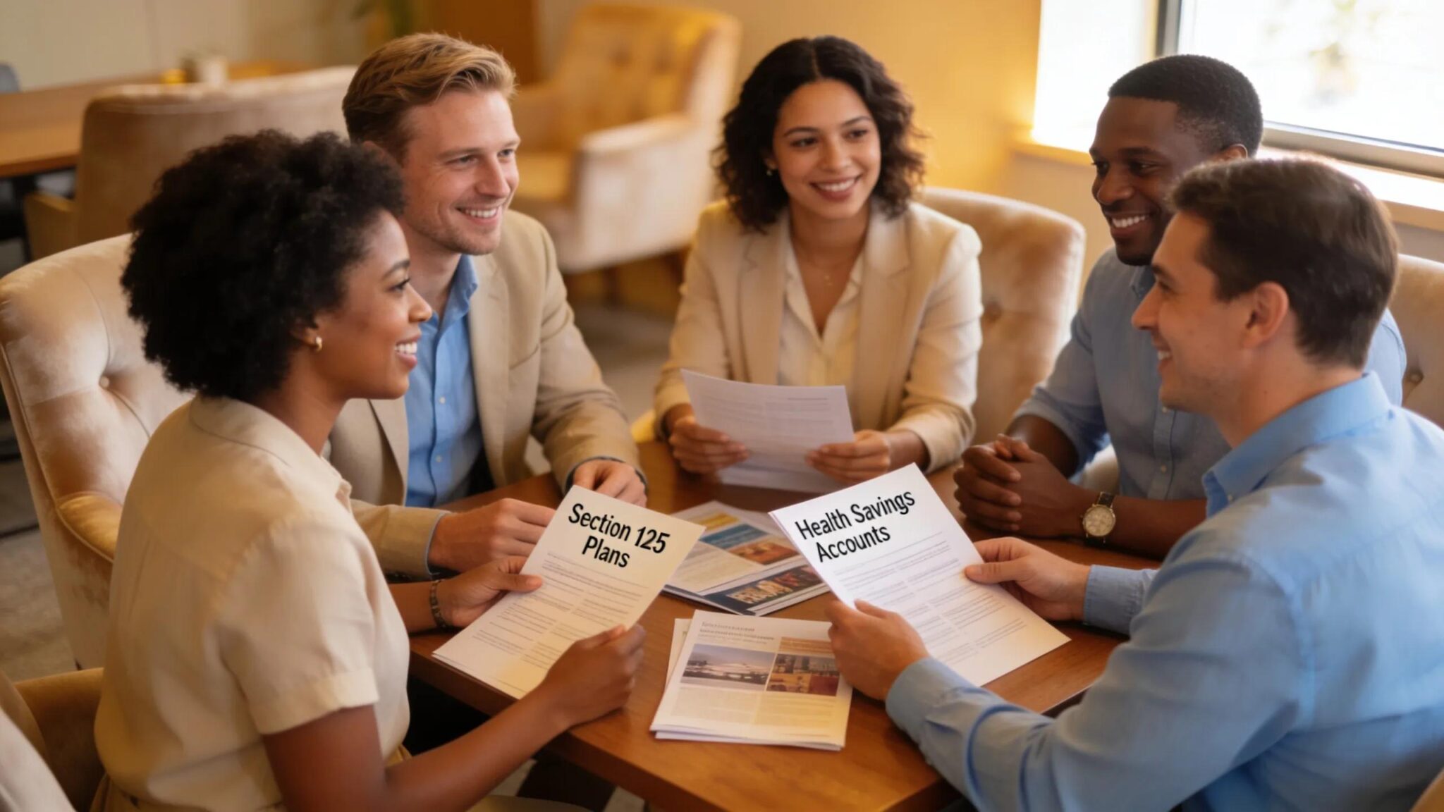 Employers and employees discussing employee benefits in a modern office setting, emphasizing engagement in Section 125 plans and HSAs.