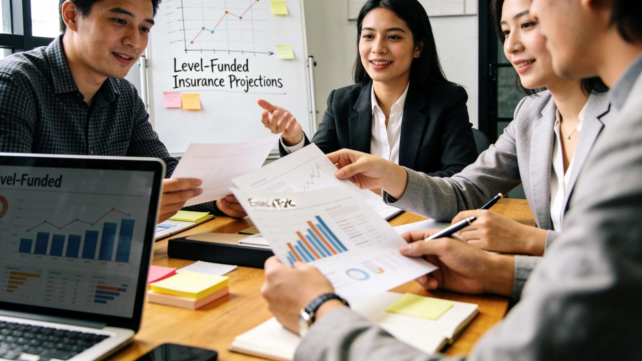 Team of professionals collaborating on level-funded insurance strategies in a conference room