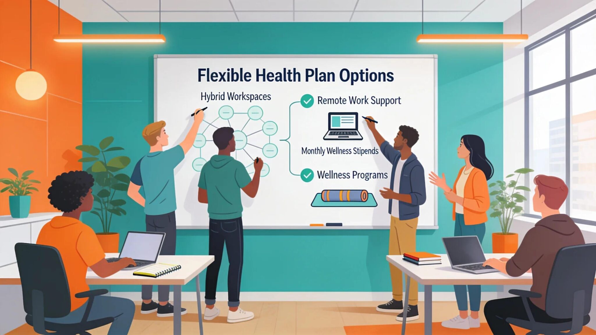 Tech team brainstorming customized health insurance solutions in a modern office