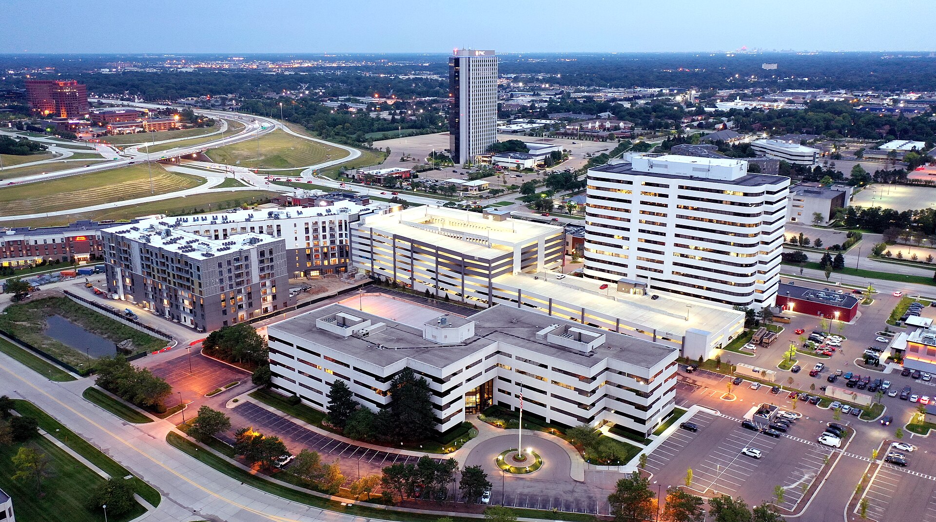 Aerial view of the Big Beaver Road office corridor at dusk, Troy, Michigan