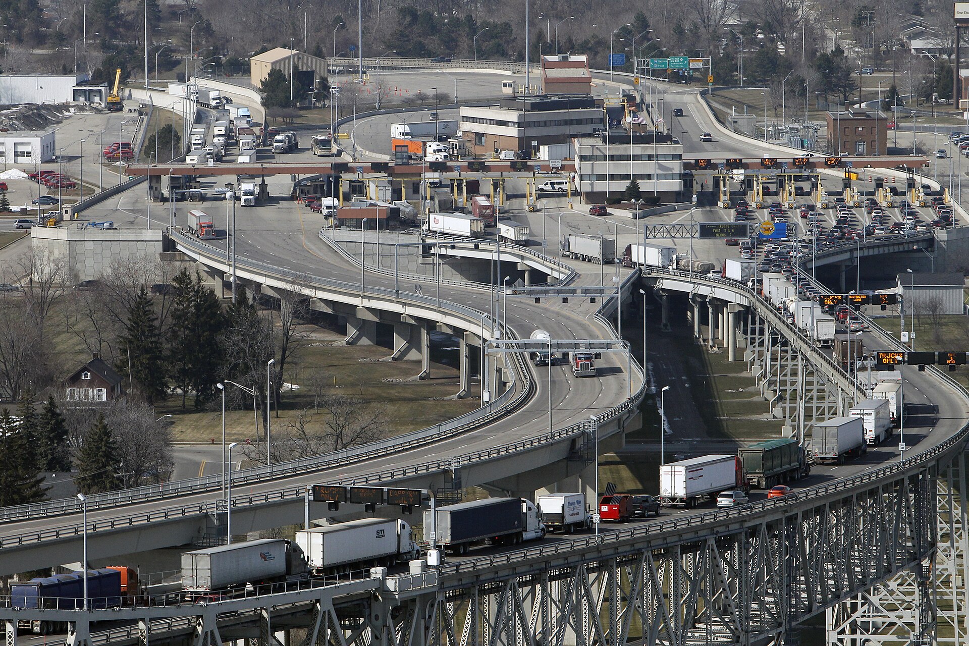Trucks crossing the Blue Water Bridge between Port Huron, Michigan and Ontario
